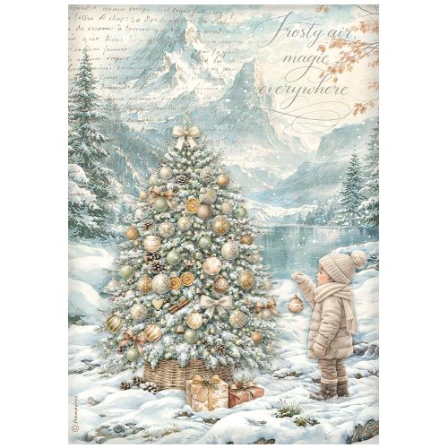 Printed A4 Rice paper for Art and Craft -  White Christmas tree by the lake