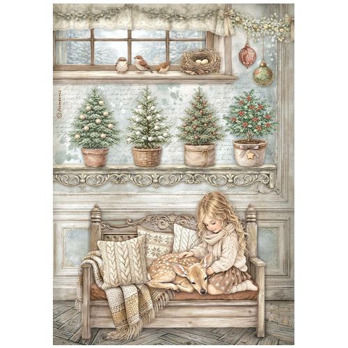 Printed A4 Rice paper for Art and Craft -  White Christmas little girl and a fawn