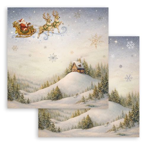 Дизайнерски скрапбукинг картон 30,5 х 30,5 см. - Silent Night Santa Claus sleigh
